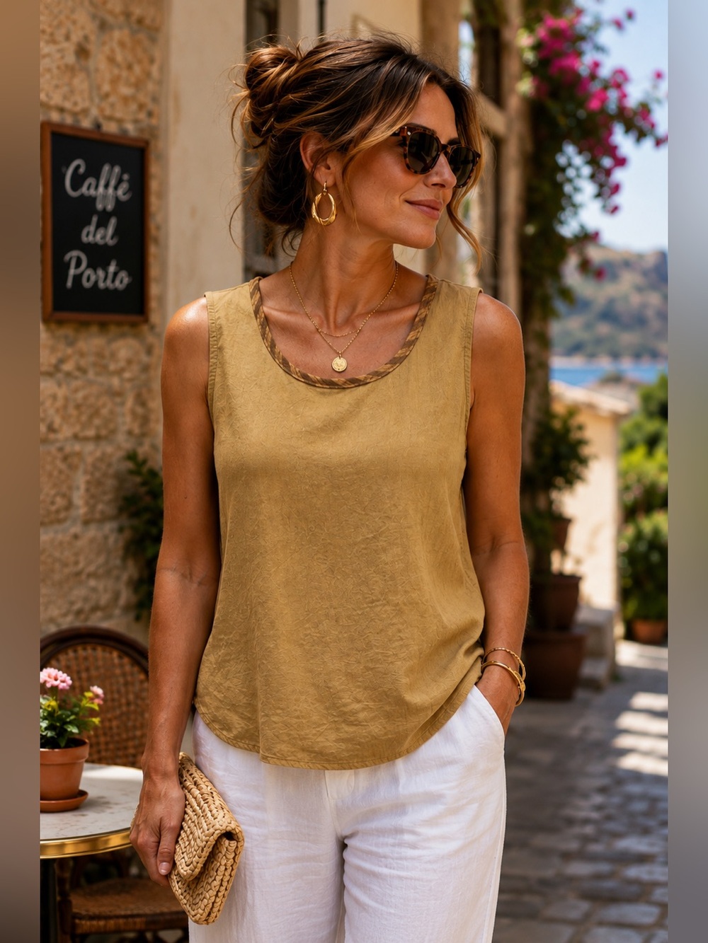 Spencer Alexis Linen Blend Tank Top Size 8 Tan Braided Trim Made in USA